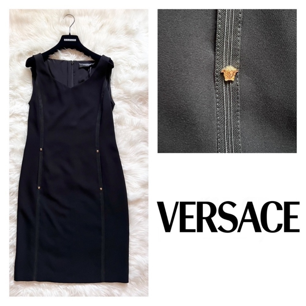 New! VERSACE Logo Sleeveless Sheath Dress with Medusa Embellishments IT 40